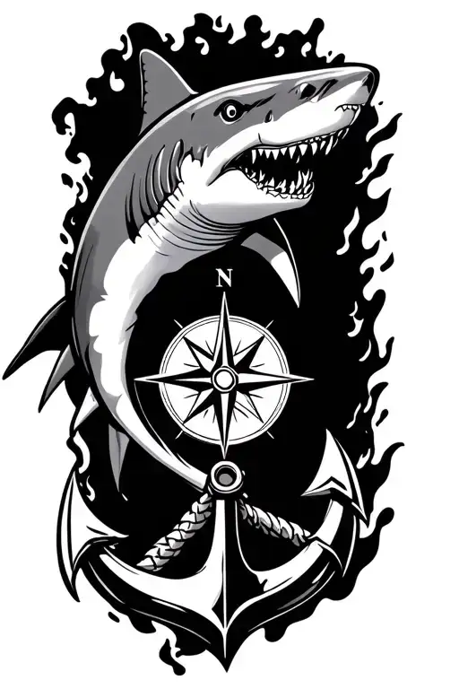 boat anchor and compass shark emerging victoriously from the ashes tattoo design idea