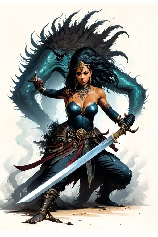 black warrior woman good with steal sword she is  fighting a monster tattoo design idea