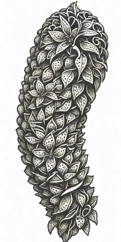 A stylized pin cone with branch representing a different tattoo design idea