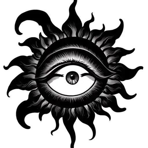 I want a sun with eyes or an eye. He should give off good vibes, have some clouds around and be a dark feminine or gothi tattoo design idea