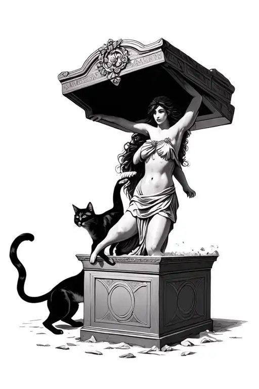 greek mythos with pandora opening her box with 2 cats leaping from the box  tattoo design idea