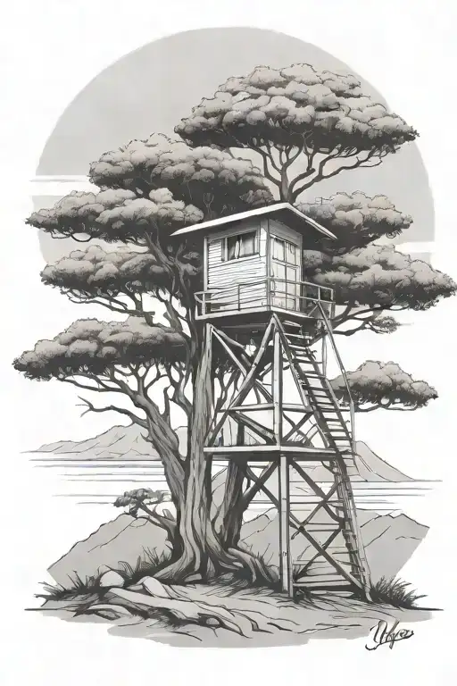Los Angeles lifeguard tower in a tree nestled in the mountains tattoo design idea