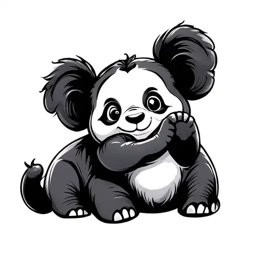 simple cartoon outline baby elephant with baby panda playing together tattoo design idea