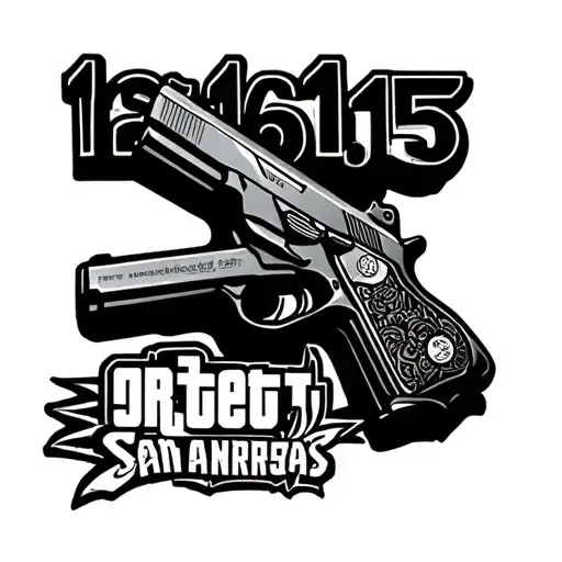 at the top is the date written in the font from the game gta san andreas 12/16/15, at the bottom is a desert egle pistol tattoo design idea
