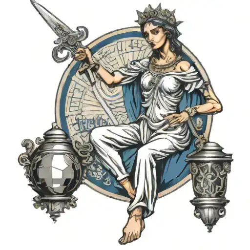 lady justice holding a dagger and scales tattoo design idea