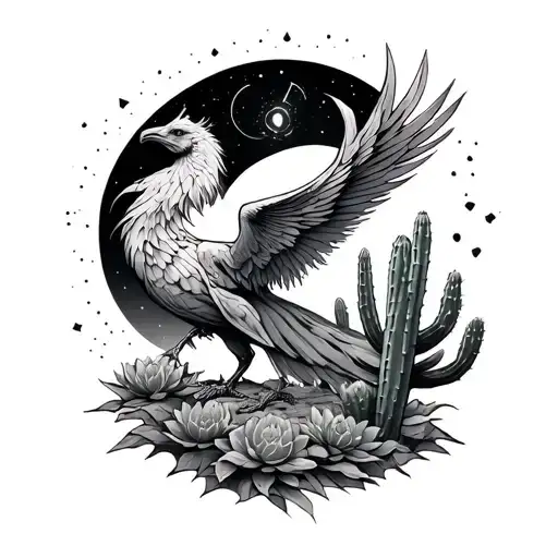 Phoenix rising with cactus Aquarius constellation tattoo design idea