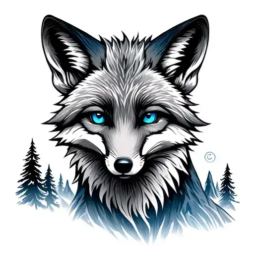 fox with blue eyes in a mountain scene tattoo design idea