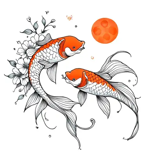 two koi fish with flowers and a sun and moon tattoo design idea