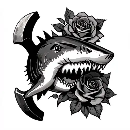 hammer head shark and roses intertwined tattoo design idea