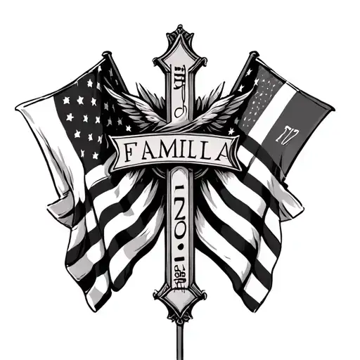 American and Italian flags wrapped around a cross with the word "familia", music symbol, the number 72 tattoo design idea