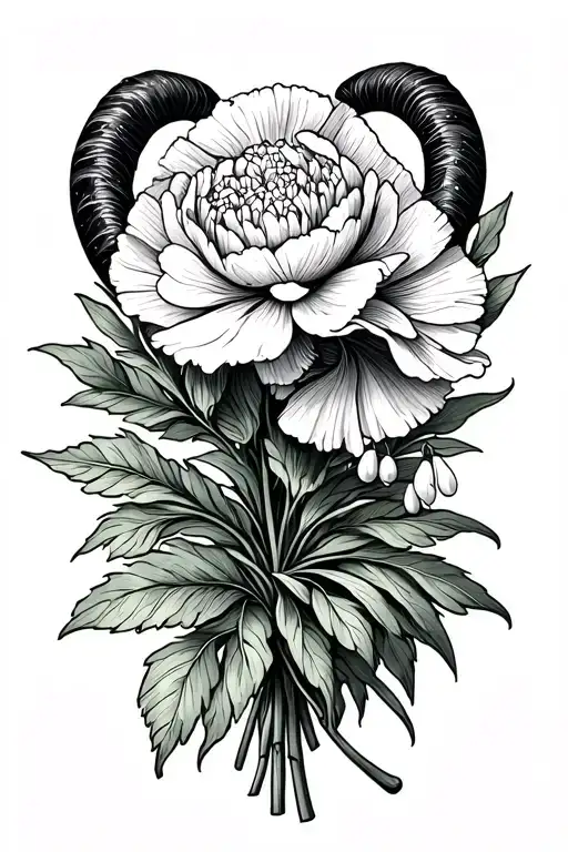carnation bouquet with snow drop flower and a capricorn zodiac sign tattoo design idea