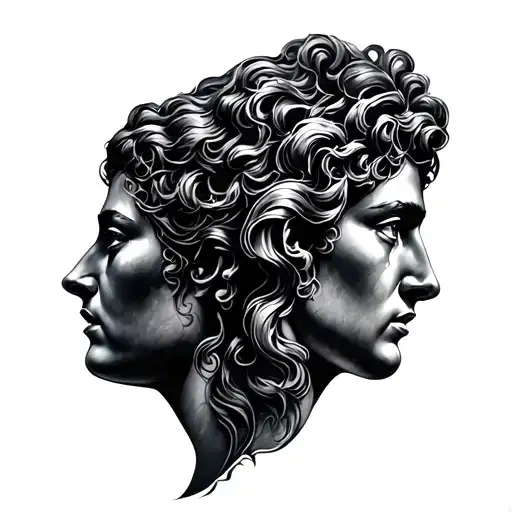 A black and grey tattoo design featuring the two Riace Bronzes in a bifront profile, facing opposite directions. Between tattoo design idea
