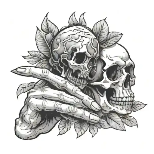 skull hand and human hand tattoo design idea