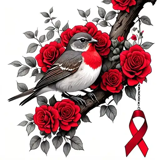 Robin sitting on branch surrounded by a lot of red roses with a cancer ribbon hanging off the end of it tattoo design idea