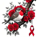 Robin sitting on branch surrounded by a lot of red roses with a cancer ribbon hanging off the end of it tattoo design idea