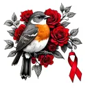 Robin sitting on branch surrounded by a lot of red roses with a cancer ribbon hanging off the end of it tattoo design idea