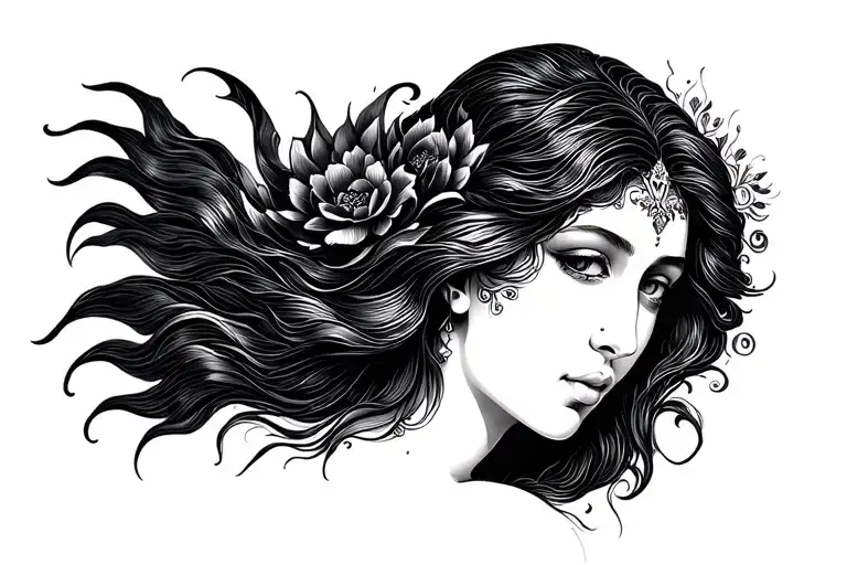 Beautiful woman face god holding tattoo design idea