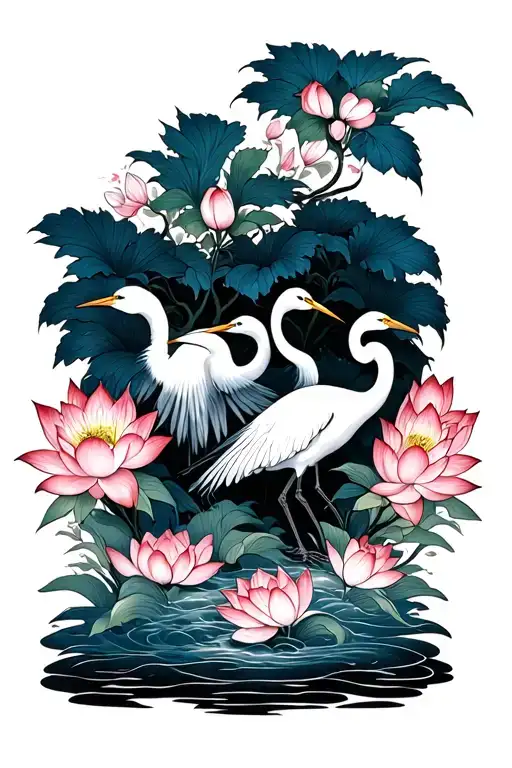 egrets surrounded by lotus and tulips and mugunghwa tattoo design idea