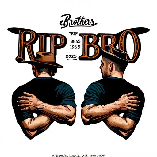 "Rip BRO 1965-2025" "Rip BRO 1965-2025" 2 brothers outlaw theme with arm around the back of the neck.  tattoo design idea