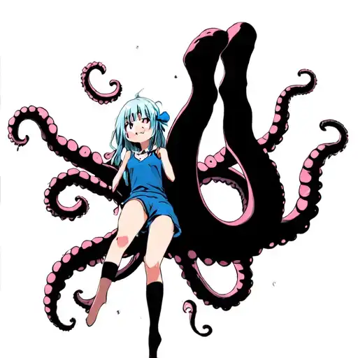 The tentacles are holding the anime girl in air, trying to spread her legs. The girl looks down with wide eyes blushing. tattoo design idea