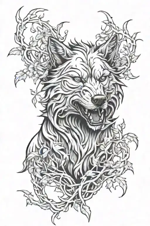 wolf Cerberus body with wendigo head sourounded by vines and thorns tattoo design idea