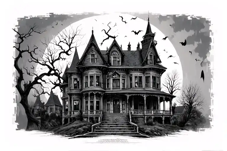 haunted manor mansion spooky grayscale  tattoo design idea