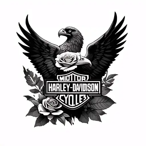 a black realistic shaded Harley Davidson logo with soft  shaded a rose and a beautiful realism eagle tattoo design idea