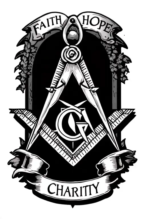 Freemason square and compass with Faith Hope Charity banner underneath tattoo design idea