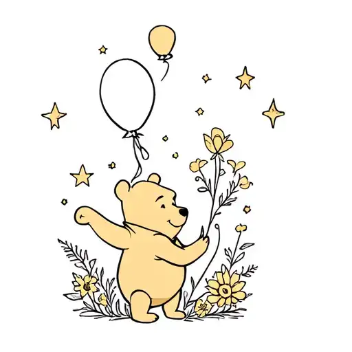 Winnie the Pooh holding a balloon surrounded by stars and flowers  tattoo design idea