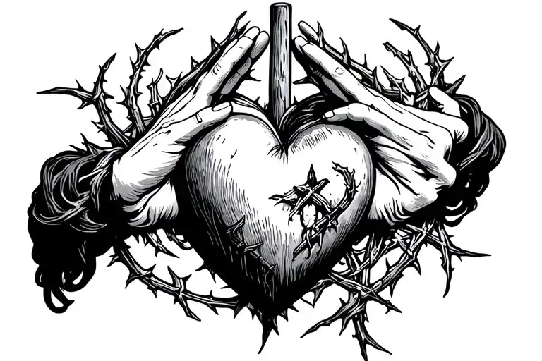 Jesus sacred heart praying hands thorns  tattoo design idea
