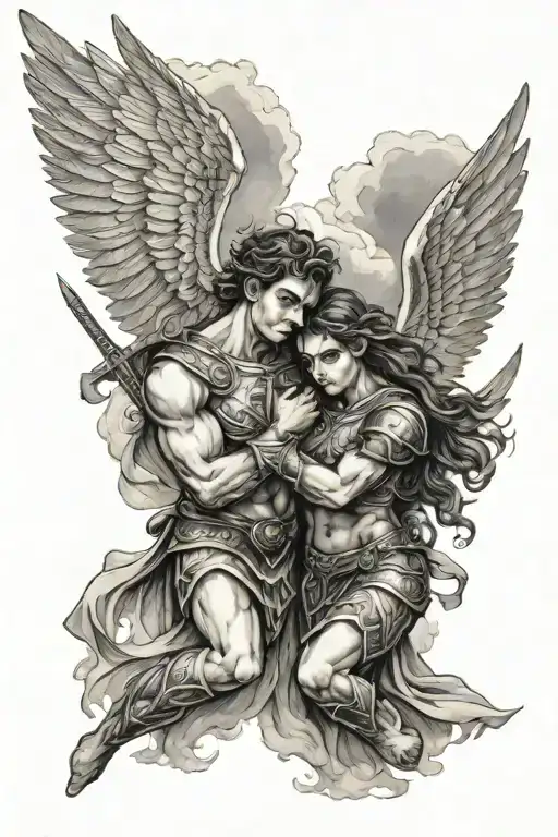 2 angel warriors with clouds surrounding tattoo design idea