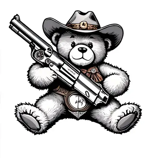 cute cowboy teddy bear holding up a cowboy gun tattoo design idea