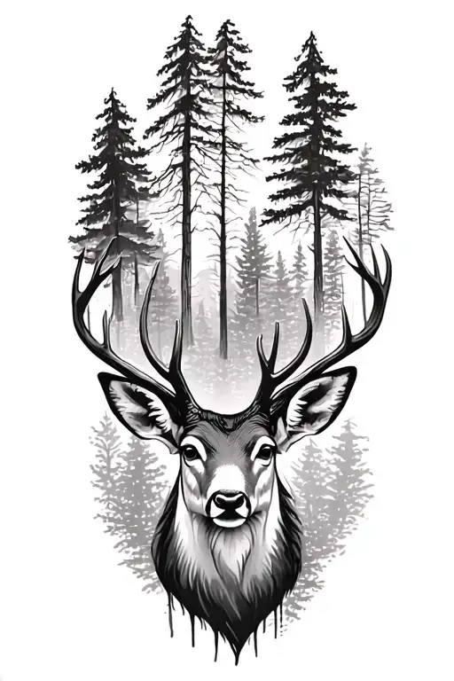 family of deer head with trees tattoo design idea