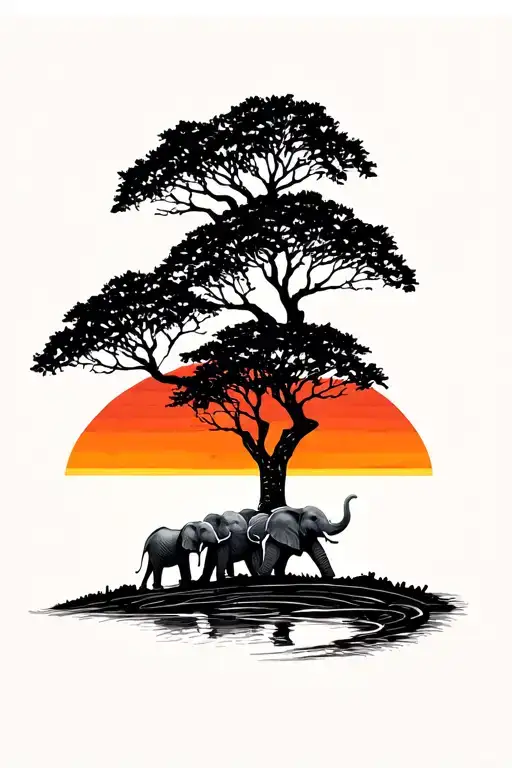 3 elephants walking a sunset with tree tattoo design idea