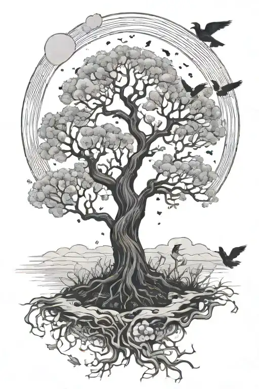 poison tree growing with the bright moon in the back and birds flying away  tattoo design idea