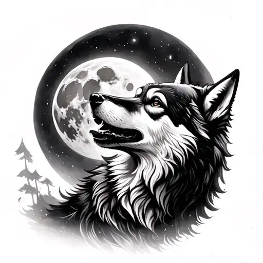 feminine wolf howling at the moon tattoo design idea