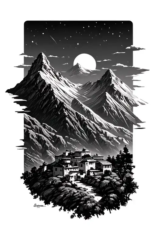 mountain landscape inspired with old ciry of jerusalem tattoo design idea