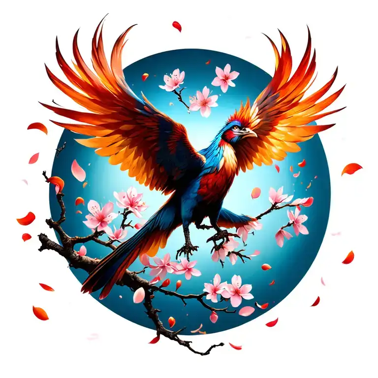 phoenix cherry blossom petals falling tattoo design idea