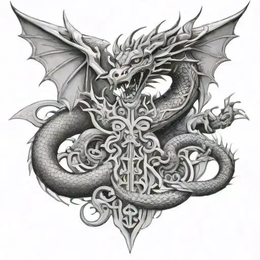dragon and Polynesian warrior tattoo design idea