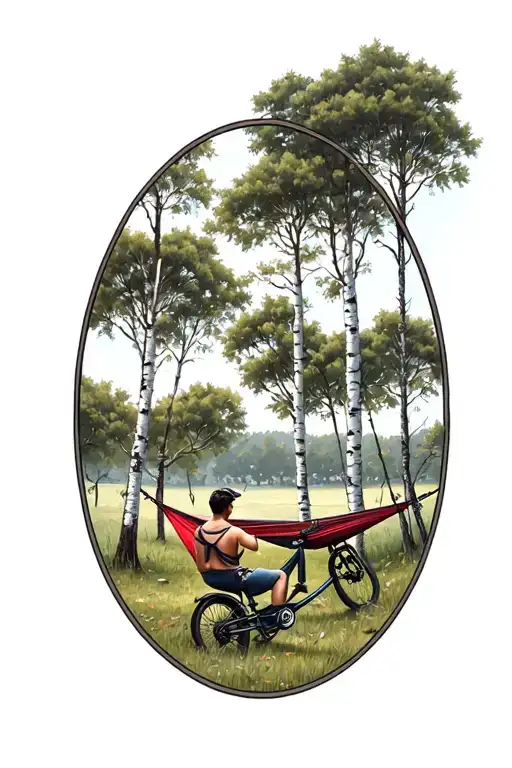 hammock hanging between two aspens with a person in it. bicycle resting at base of one tree.  tattoo design idea