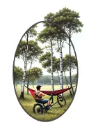 hammock hanging between two aspens with a person in it. bicycle resting at base of one tree.  tattoo design idea