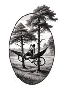 hammock hanging between two aspens with a person in it. bicycle resting at base of one tree.  tattoo design idea