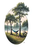 hammock hanging between two aspens with a person in it. bicycle resting at base of one tree.  tattoo design idea