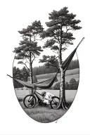 hammock hanging between two aspens with a person in it. bicycle resting at base of one tree.  tattoo design idea
