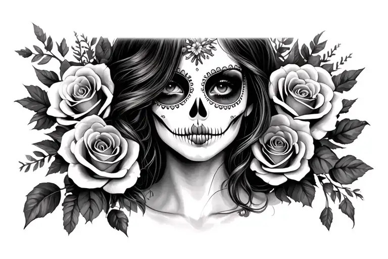 day of the dead sugar girl with roses intertwined tattoo design idea