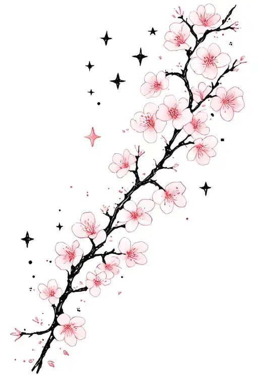 celestial, stars, sparkles, delicate, fine line, cherry blossoms tattoo design idea
