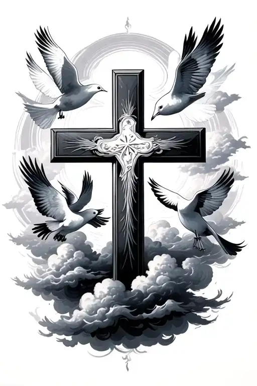 cross with clouds and 3 doves flying tattoo design idea