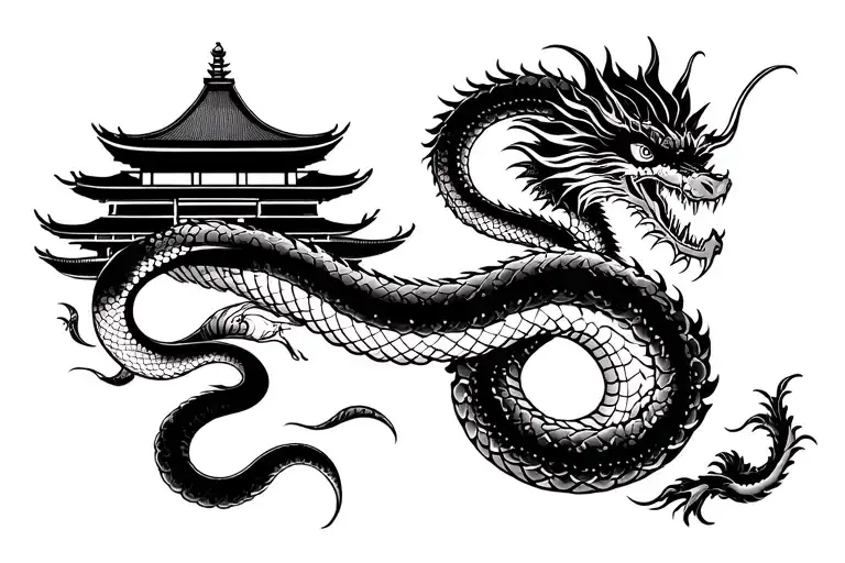 I'd like to ask for a full tattoo with a full mount and sieges of a Japanese building, and a snake and a yamani dragon o tattoo design idea