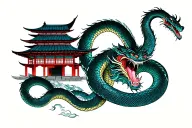I'd like to ask for a full tattoo with a full mount and sieges of a Japanese building, and a snake and a yamani dragon o tattoo design idea