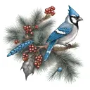 full Christmas tree with cardinal and blue jay perched tattoo design idea